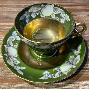 Antique Tea Cup & Saucer Set Hand Painted Occupied Japan Green Gold Fruit Floral